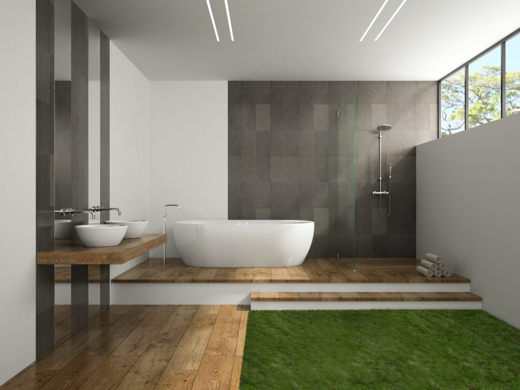 Interior of the bathroom with grass floor 3D rendering